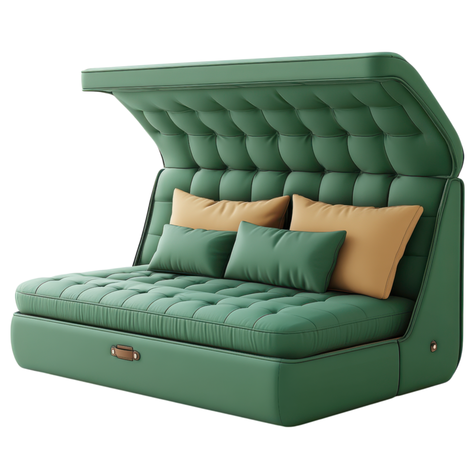 Multi functional sofa bed with storage, green upholstery, modern design clip art on a transparency background png