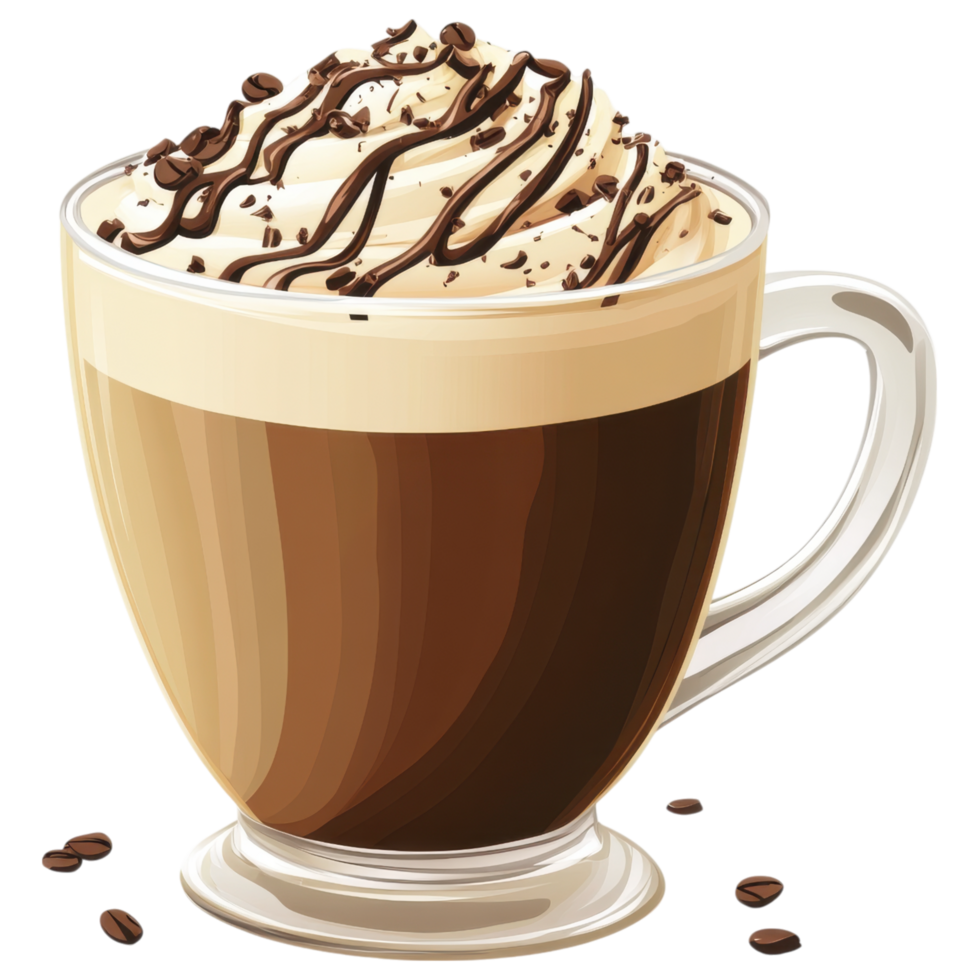 Delicious mocha coffee topped with whipped cream and chocolate drizzle clip art on a transparency background png