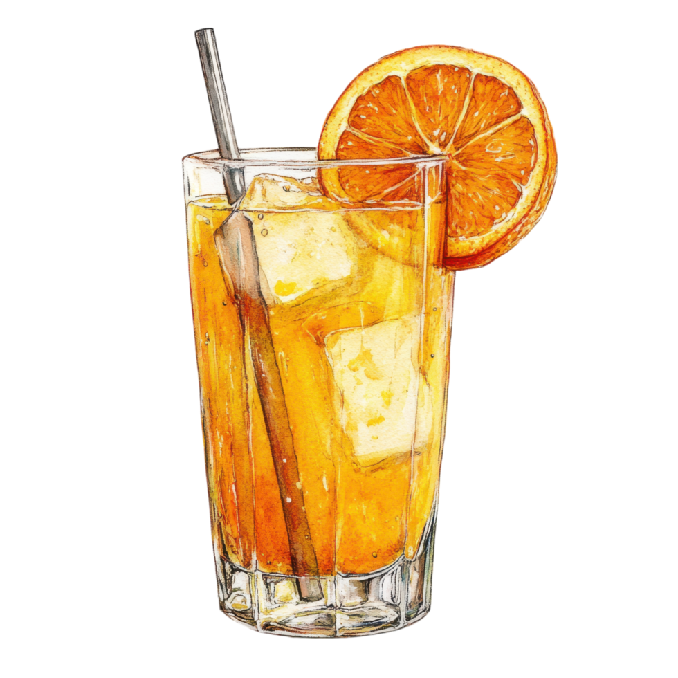 Refreshing orange juice with ice and slice of orange on a transparency background png