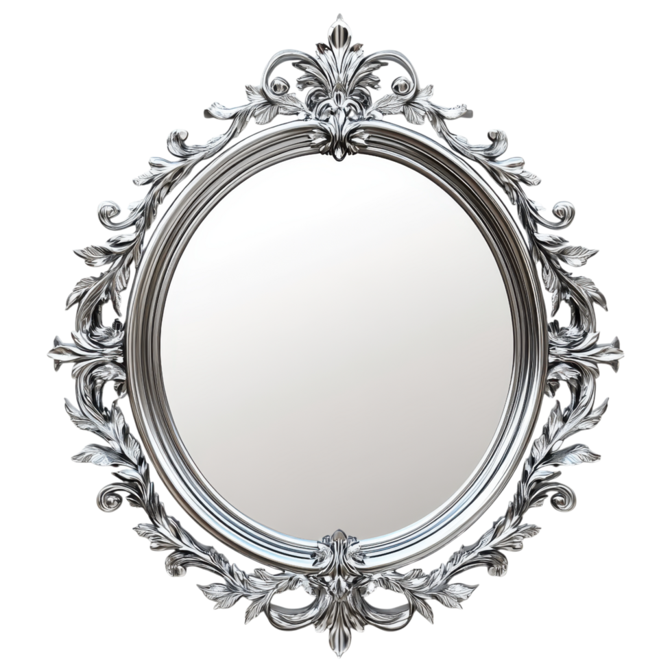 Elegant round mirror with ornate silver frame and floral design clip art on a transparency background png