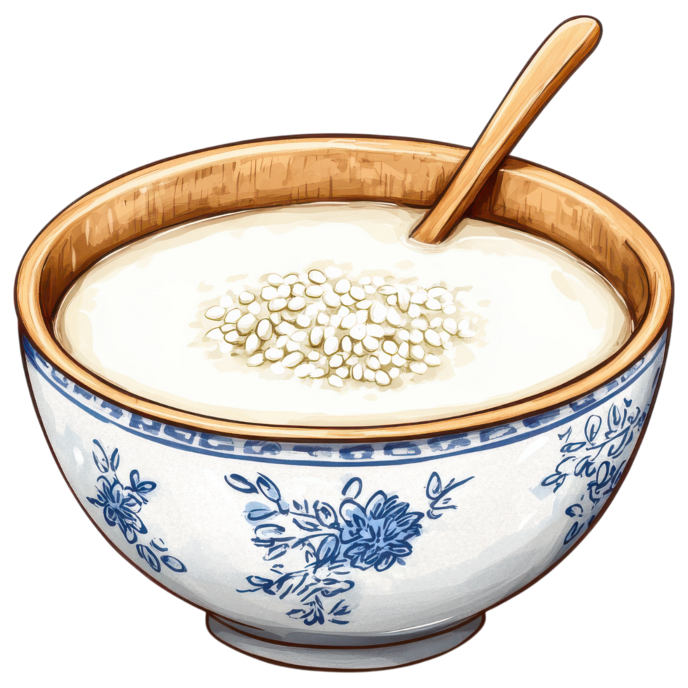 Rice milk in traditional bowl with wooden spoon, creamy texture clip art on a transparency background png