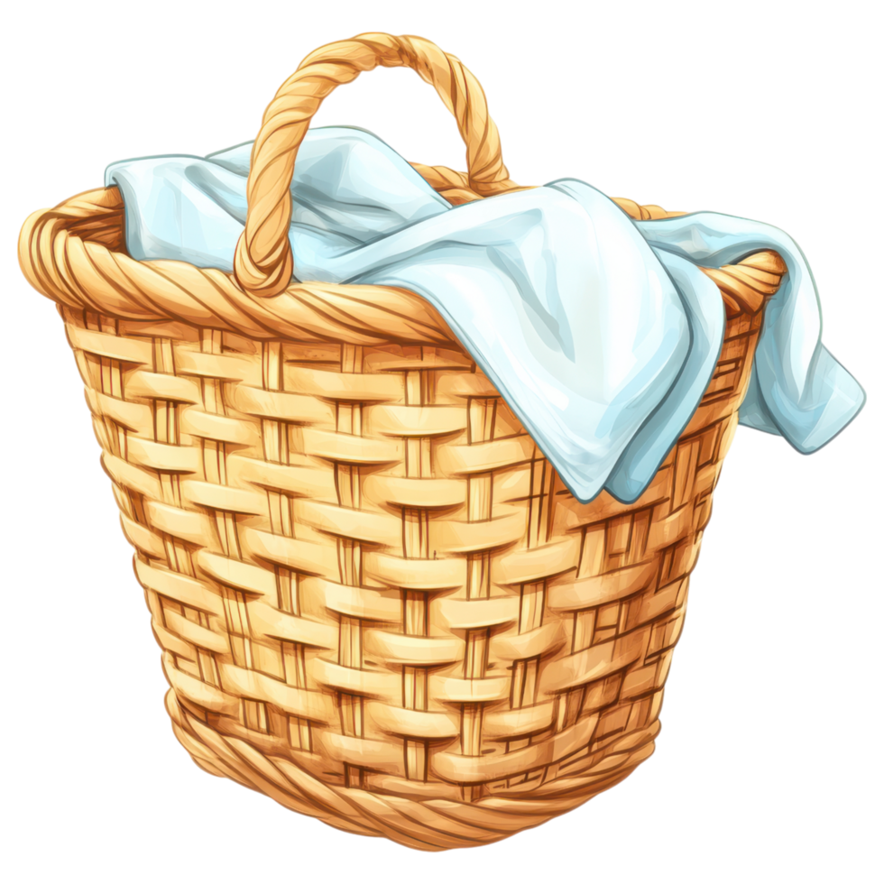 Woven laundry basket with light cloth on top, perfect for organizing. clip art on a transparency background png