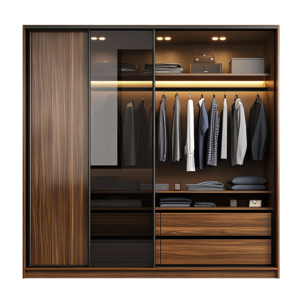 Modern wardrobe with sliding doors, stylish design, and organized storage clip art on a transparency background png