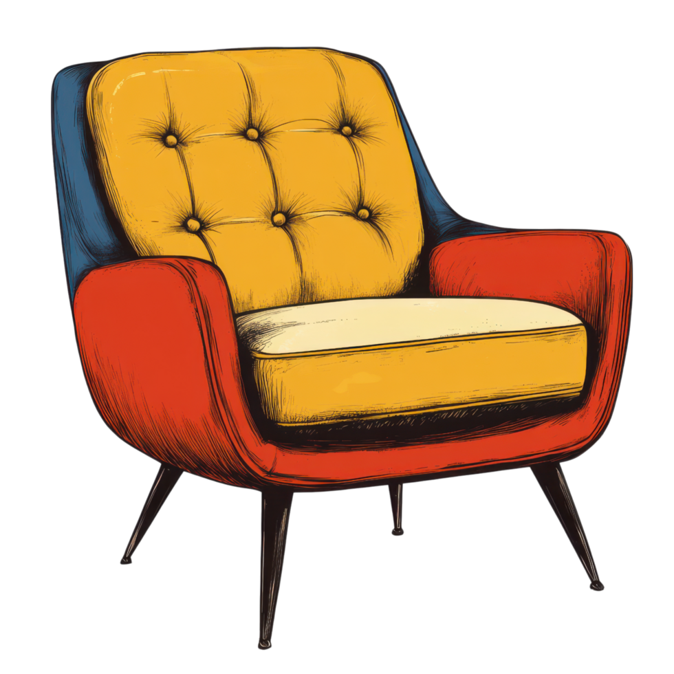 Retro inspired accent chair with bold colors and tufted design on a transparency background png