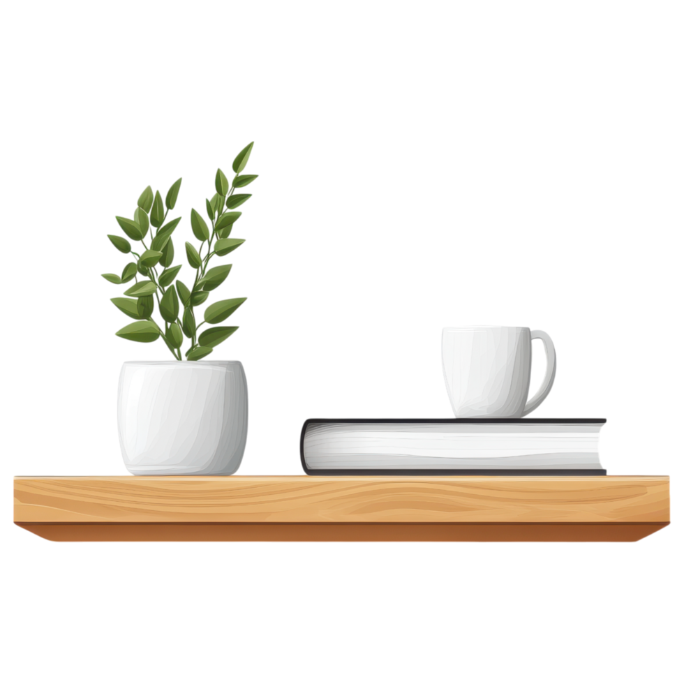 floating bedside shelf with plant, book, and cup. clip art on a transparency background png