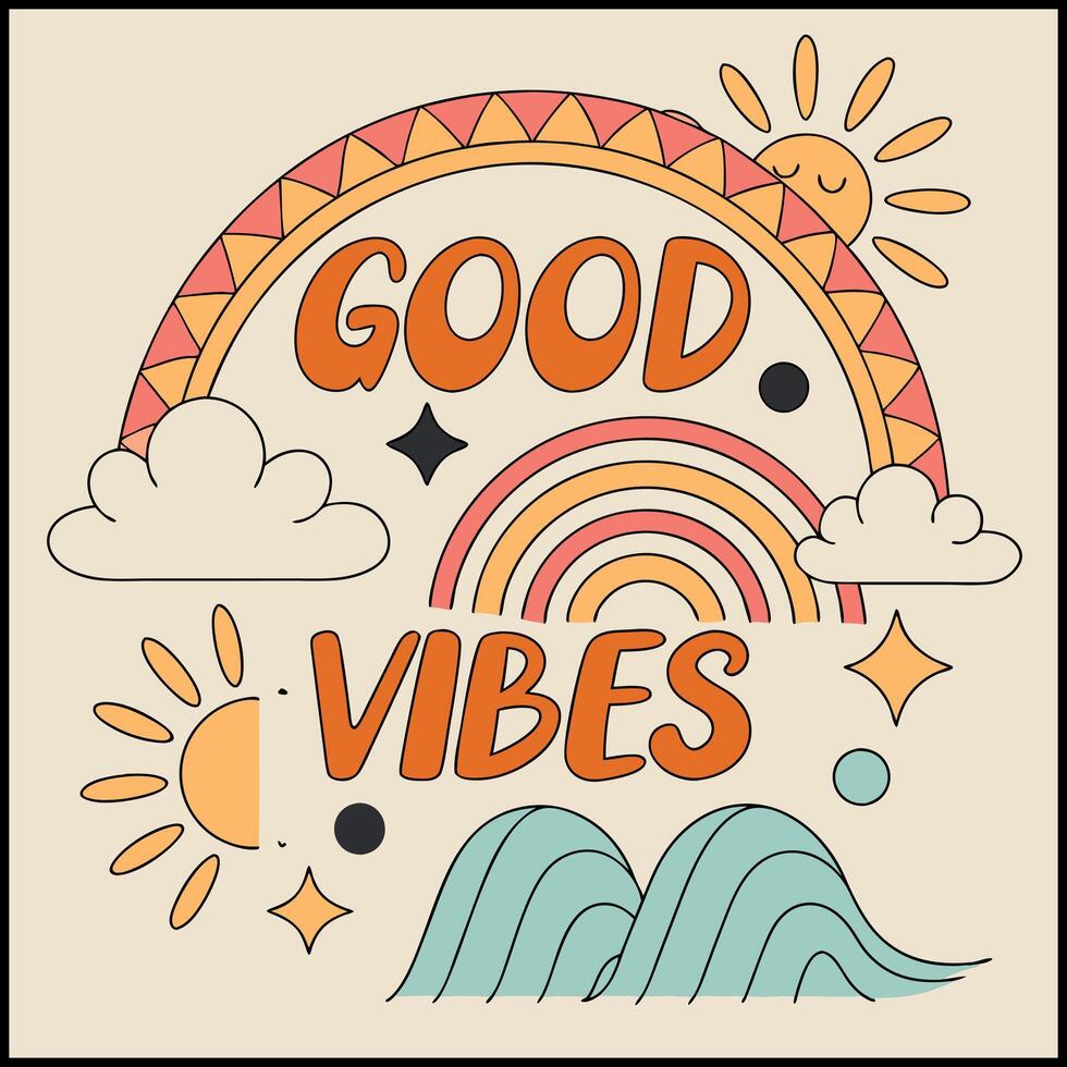 Positive Good Vibes Rainbow and Sun T Shirt Artwork vector