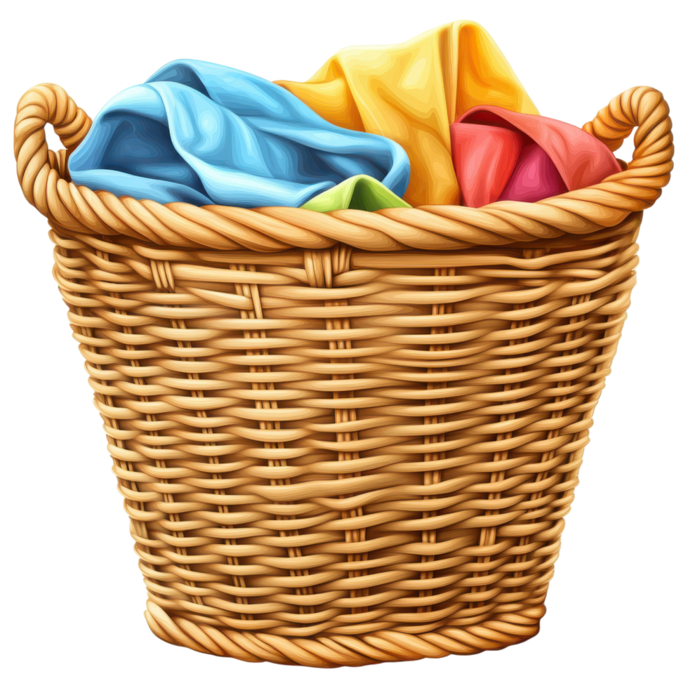 Woven laundry basket filled with colorful clothes on transparency background png