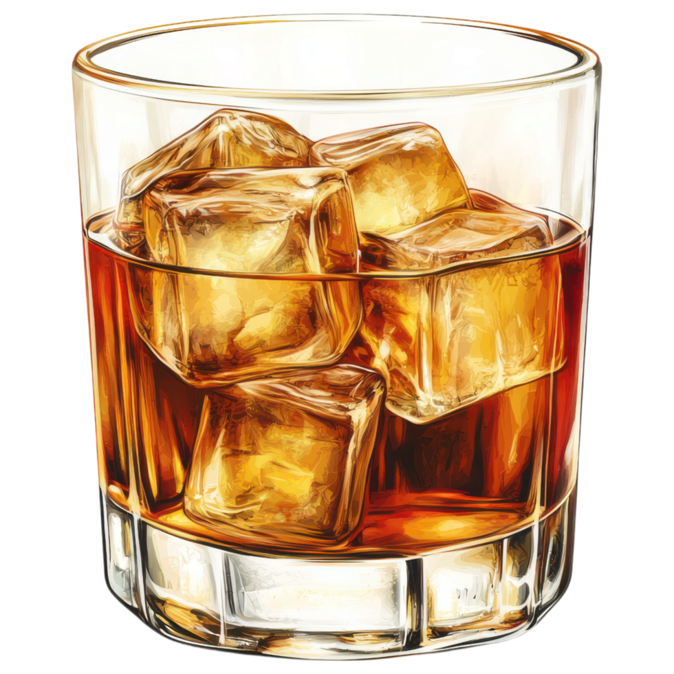 Whiskey in tumbler with ice, classic drink for relaxation. clip art on a transparency background png