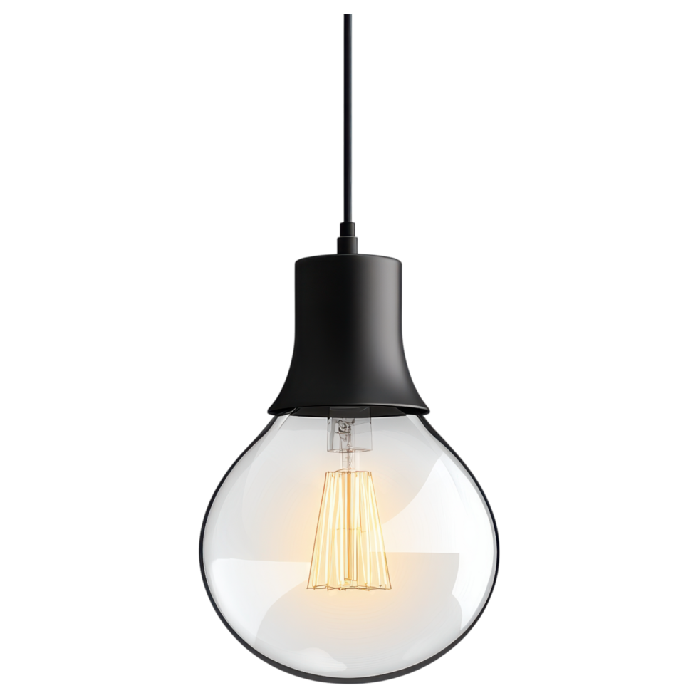 Hanging pendant light with clear bulb and black fixture, modern design clip art on a transparency background png