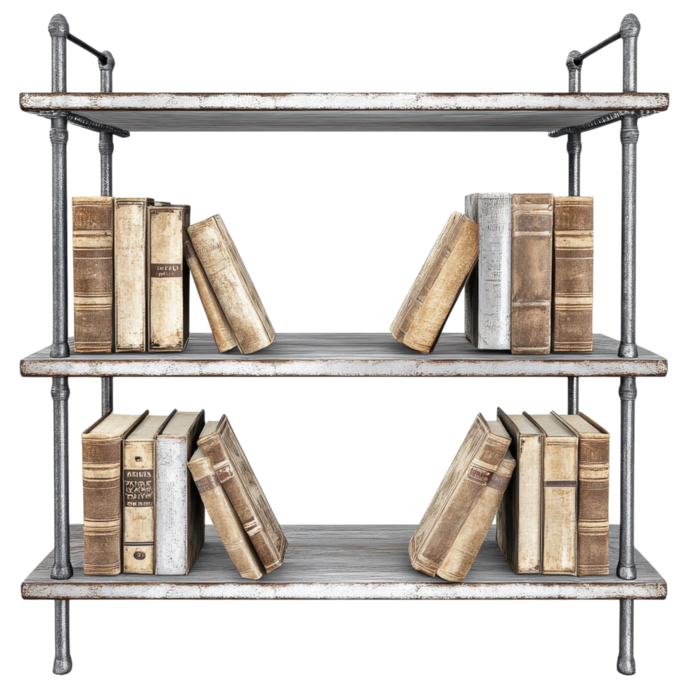 Metal framed bookshelf with open shelves displaying vintage books clip art on a transparency background png