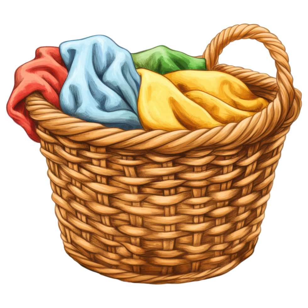 Woven laundry basket filled with colorful clothes on a transparency background png