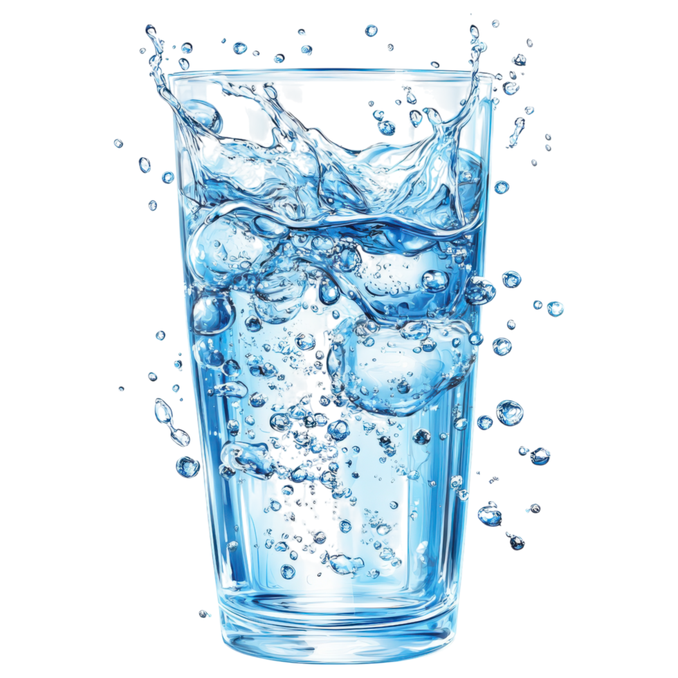 Fresh sparkling water with bubbles splashing in clear glass clip art on a transparency background png