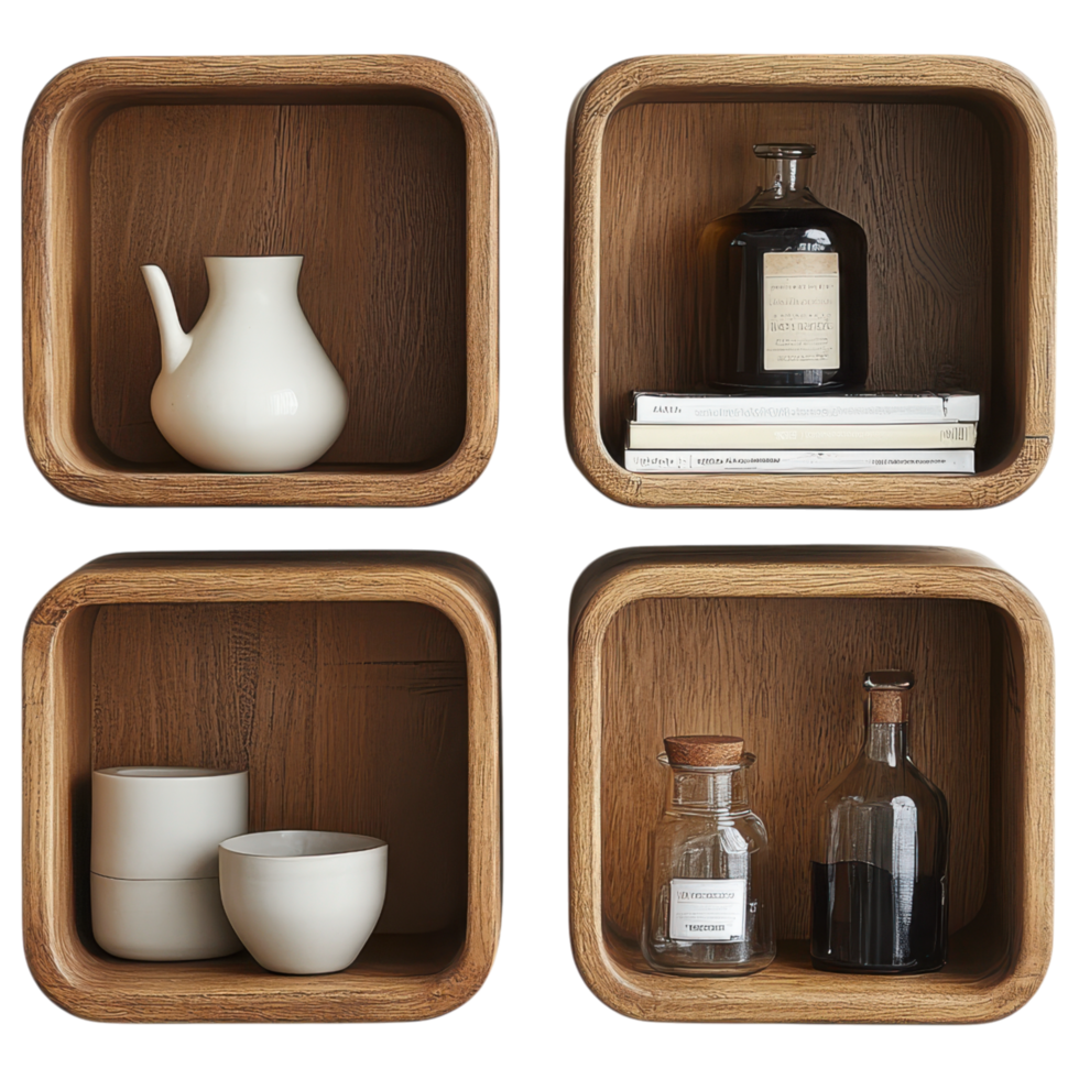 Stylish wall mounted storage cubes with decorative items and books clip art on a transparency background png