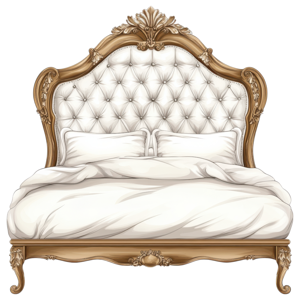 Elegant tufted headboard with luxurious bedding and ornate frame clip art on a transparency background png