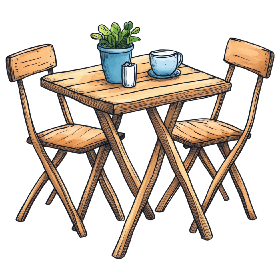 foldable dining set with wooden table and chairs, featuring plant and cup. clip art on a transparency background png