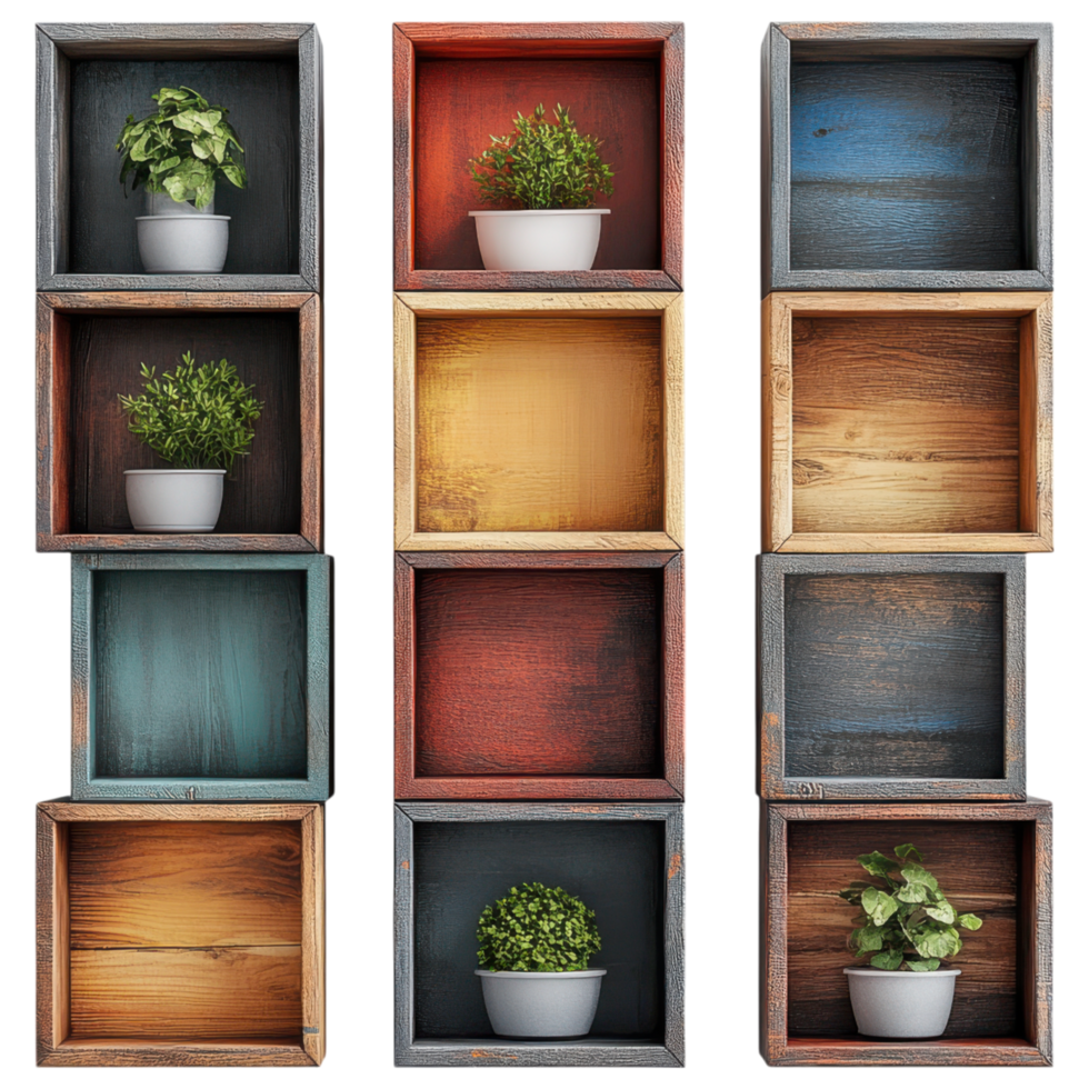 Wall mounted storage cubes with plants in colorful frames clip art on a transparency background png