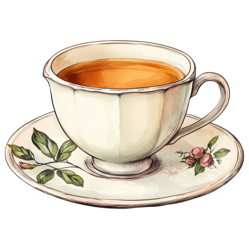 beautiful teacup with saucer, featuring floral designs and warm tea. clip art on a transparency background png