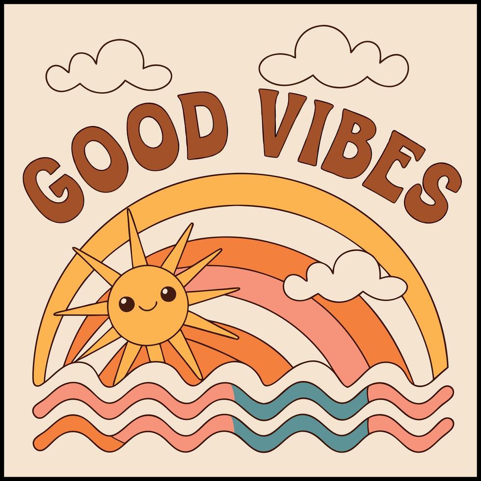 Vintage Good Vibes Rainbow Graphic Tee for Positive People vector