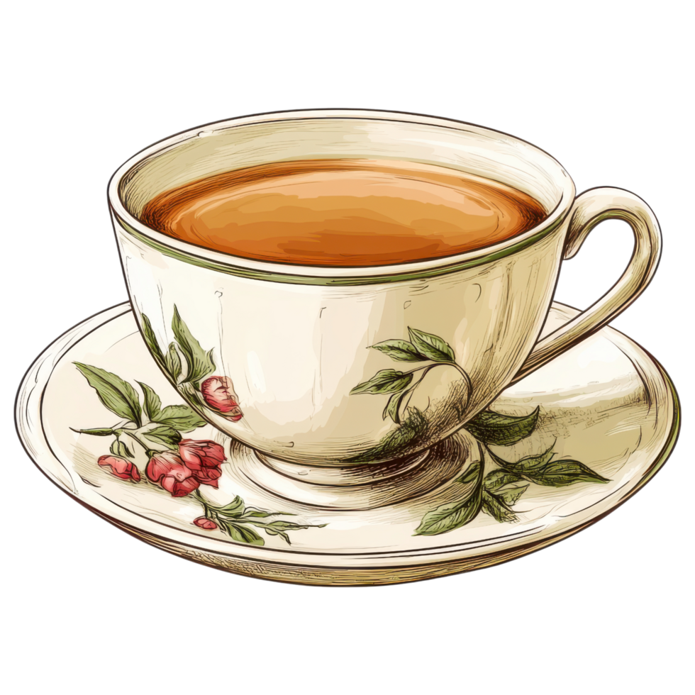 decorative teacup with saucer, filled with tea, featuring floral designs. clip art on a transparency background png