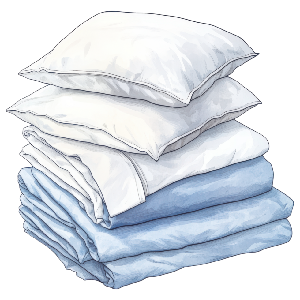 Neatly folded bed sheets and pillows in soft colors create cozy atmosphere. clip art on a transparency background png