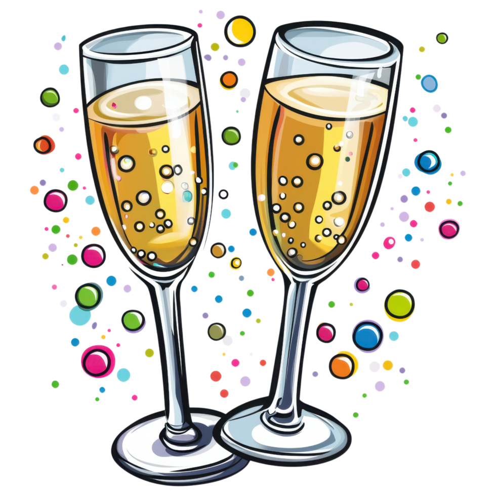 Cheers with two champagne flutes filled with bubbly drink and colorful bubbles clip art on a transparency background png