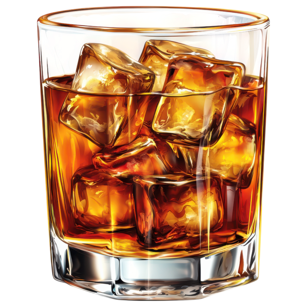 whiskey tumbler filled with ice cubes, showcasing rich amber liquid. clip art on a transparency background png