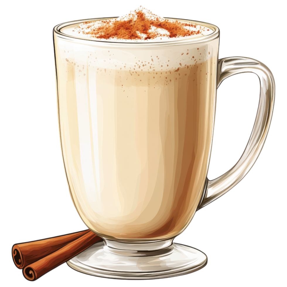 Chai latte with cinnamon in glass mug, warm and inviting drink clip art on a transparency background png