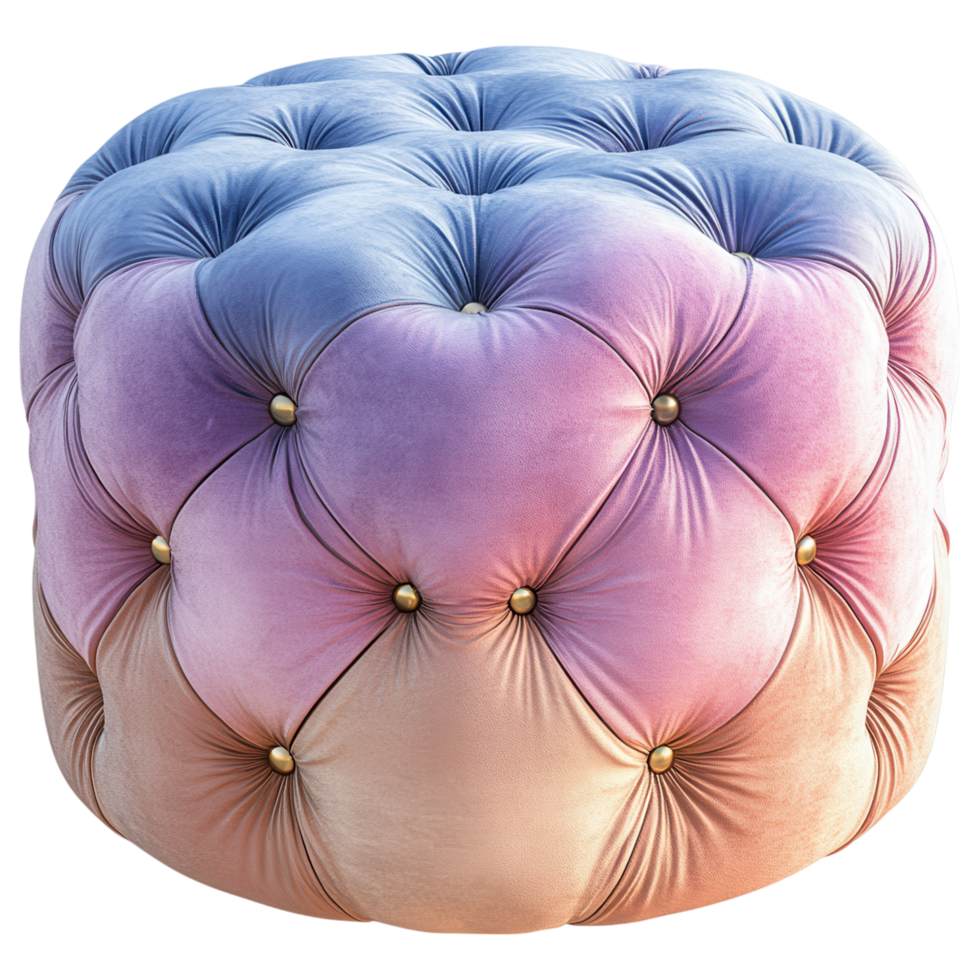 Pastel tufted ottoman with velvet texture and button details, stylish decor clip art on a transparency background png