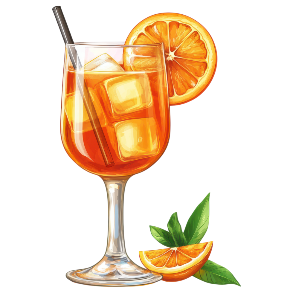 Refreshing cocktail with ice and orange slice clip art on a transparency background png