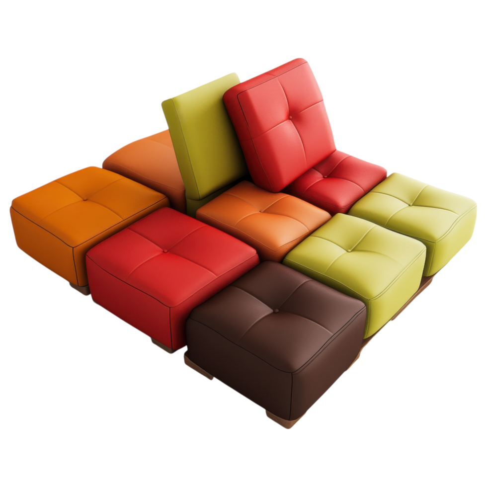 Colorful modular sofa set with various cushions arranged creatively. clip art on a transparency background png