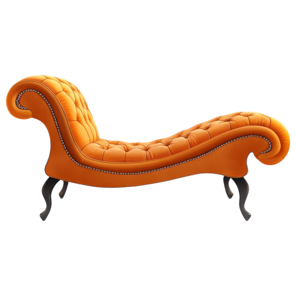 Luxurious orange chaise lounge with tufted upholstery and elegant legs clip art on a transparency background png