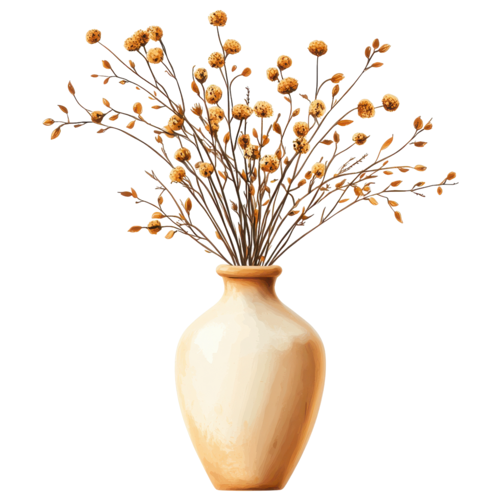 decorative ceramic vase filled with dried flowers, adding warmth to any space. clip art on a transparency background png