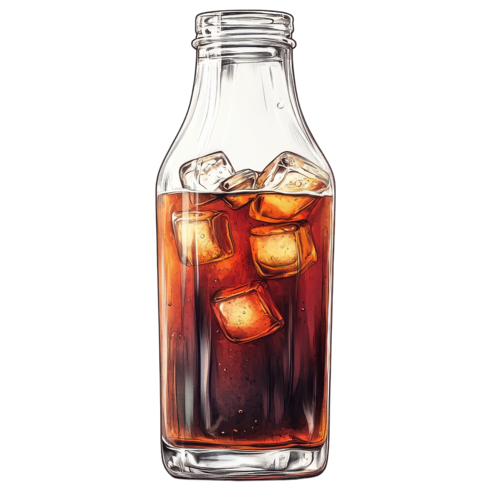 Cold brew coffee in glass bottle with ice cubes, refreshing drink. clip art on a transparency background png
