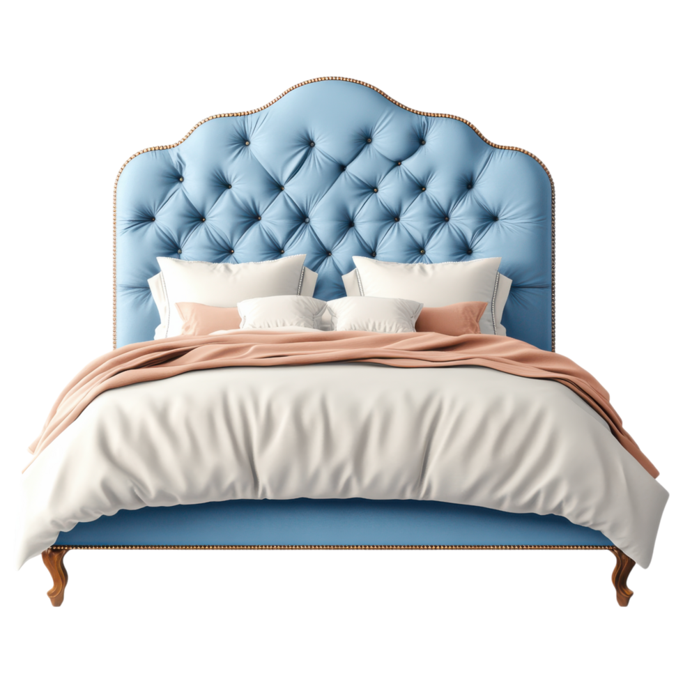 Cozy upholstered headboard with soft bedding and decorative pillows clip art on a transparency background png