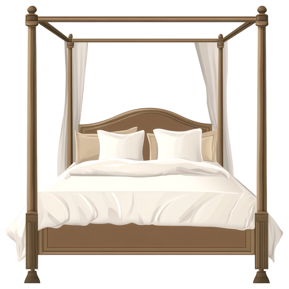 Elegant four poster bed with neutral bedding and soft pillows clip art on a transparency background png