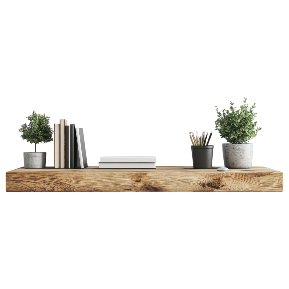 modern floating wall mounted desk with plants and books clip art on a transparency background png