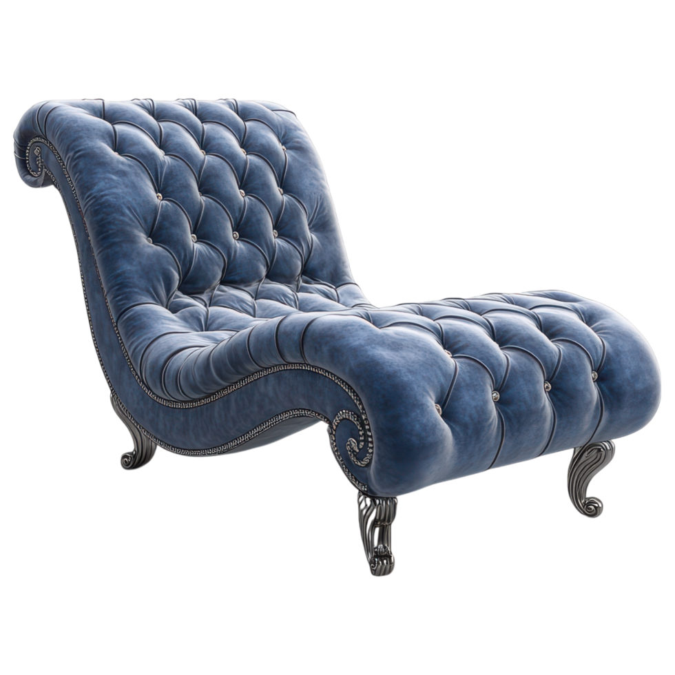 Luxurious blue velvet chaise lounge with tufted design and ornate legs clip art on a transparency background png