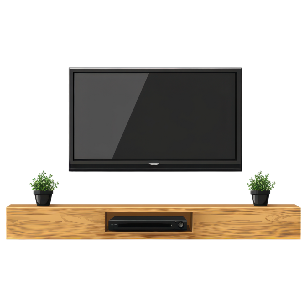 Modern floating wall mounted TV unit with plants clip art on a transparency background png