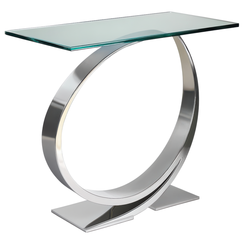 Modern glass and metal console table with unique circular design clip art on a transparency background png
