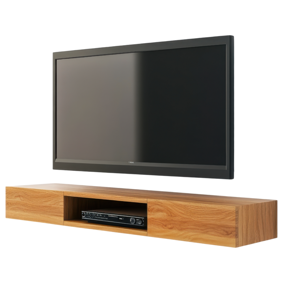 Modern floating wall mounted TV console with wooden finish clip art on a transparency background png
