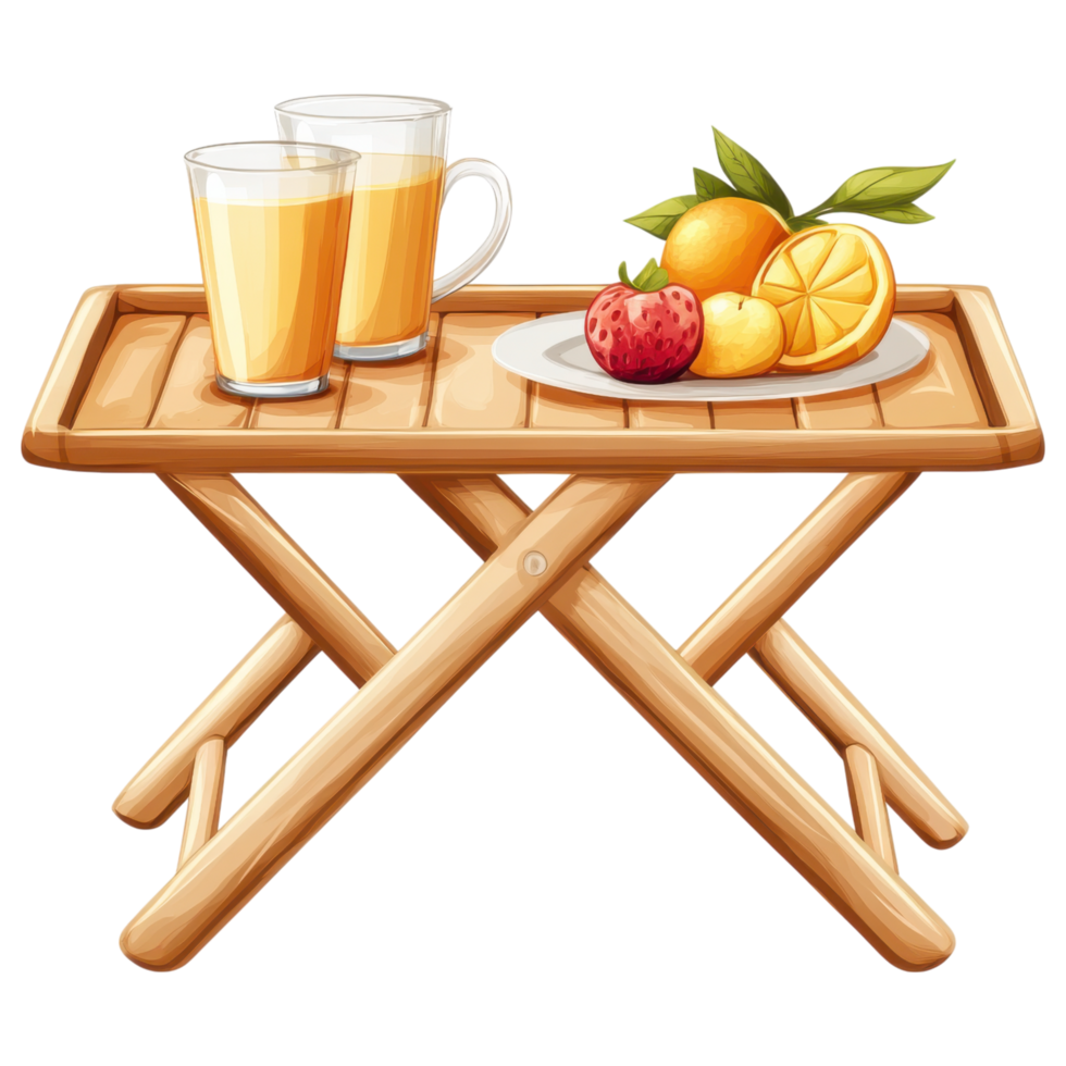 foldable tray table with drinks and fruits, perfect for breakfast in bed. clip art on a transparency background png