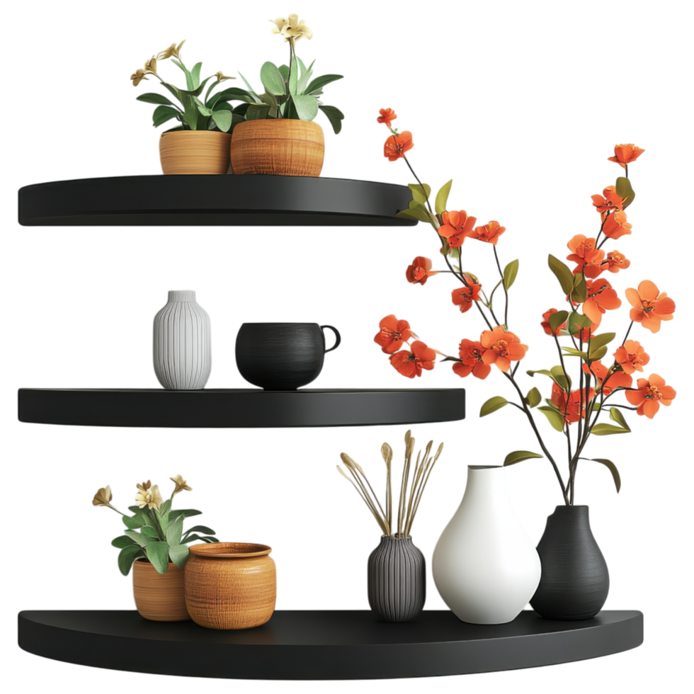 Floating corner shelf with decorative items, including plants and vases. clip art on a transparency background png