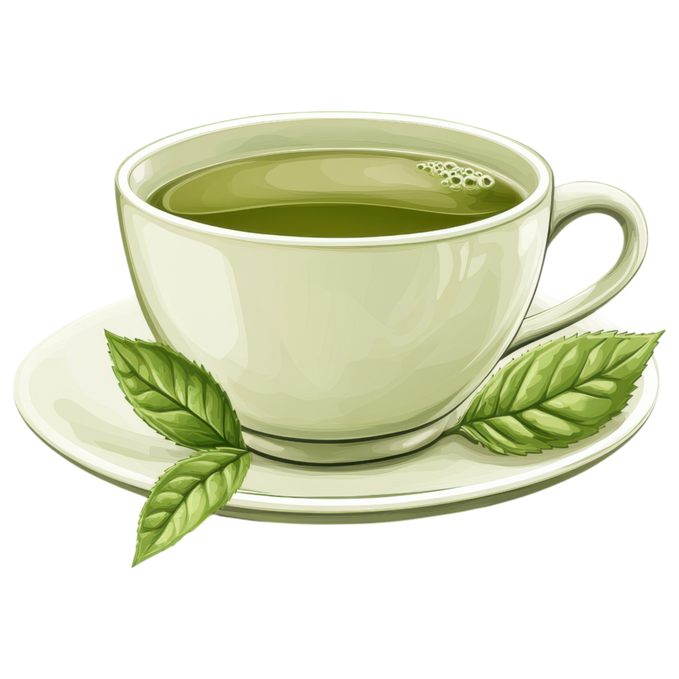 Fresh green tea in traditional cup with leaves on saucer clip art on a transparency background png