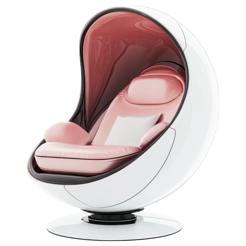 Futuristic pod shaped armchair with sleek design and soft pink upholstery clip art on a transparency background png