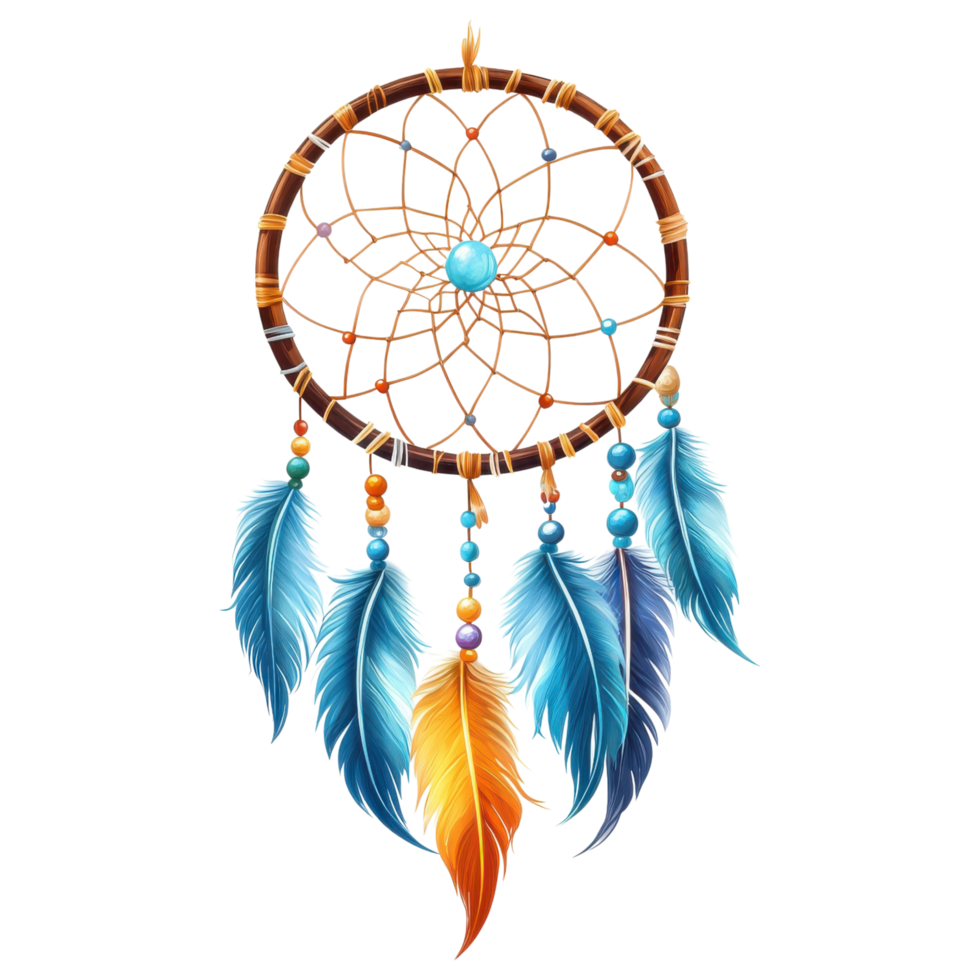 Hanging dreamcatcher with colorful feathers and beads on transparency background clip art on a transparency background png