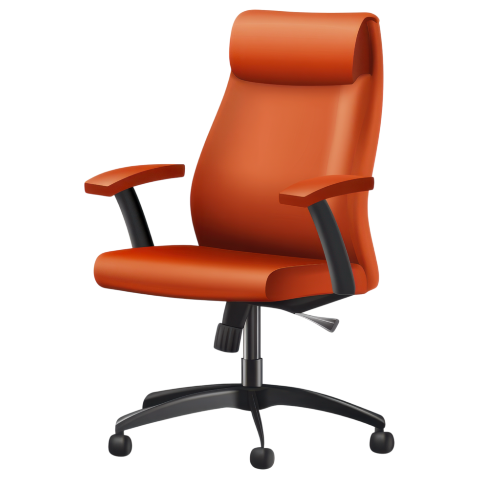 Ergonomic high back office chair in vibrant orange color with armrests clip art on a transparency background png