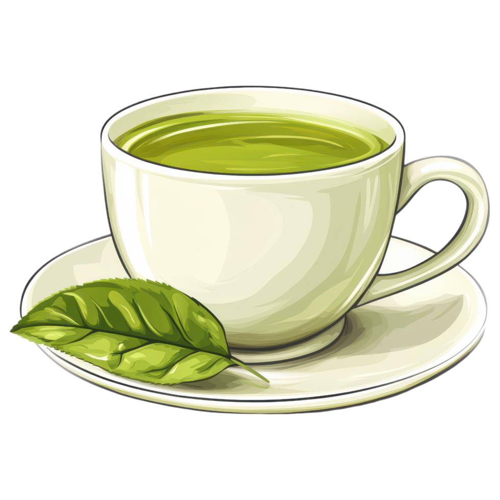 Fresh green tea in traditional cup with leaf on saucer clip art on a transparency background png