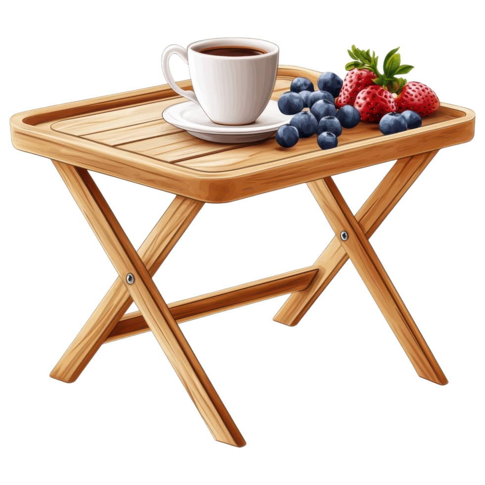 foldable wooden tray table with cup of coffee and fresh berries clip art on a transparency background png