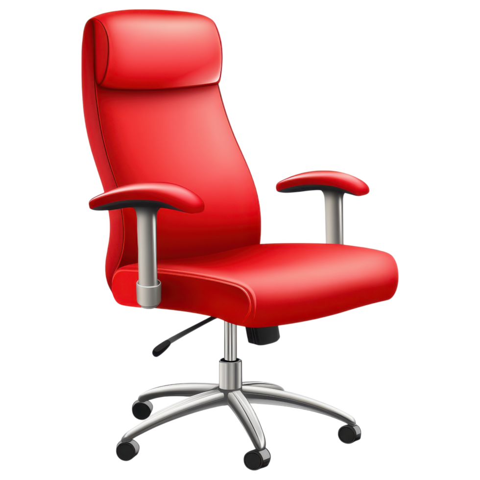 Ergonomic high back office chair in vibrant red color with armrests png