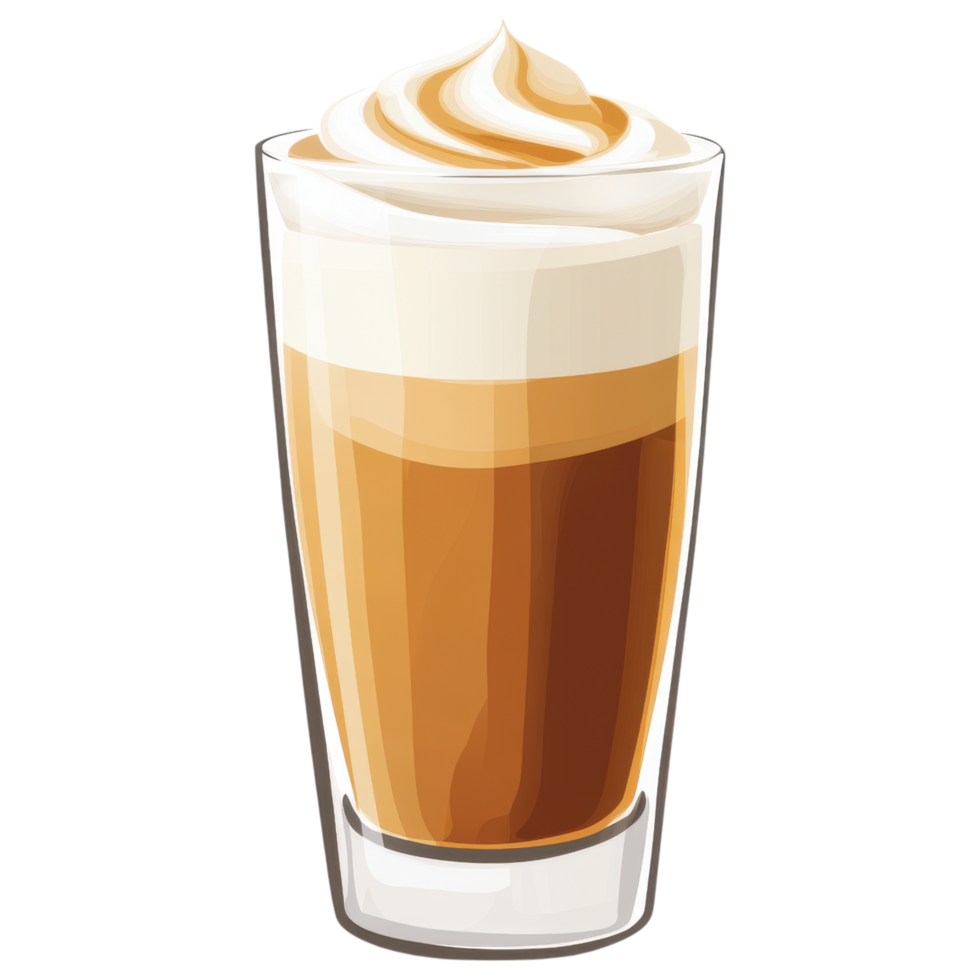Delicious latte in tall glass with whipped cream on top clip art on a transparency background png